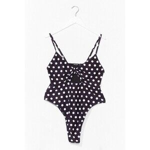 Nasty Gal Tied Is High Black/White Polka Dot Tie Front High Thigh Swimsuit Sz 10